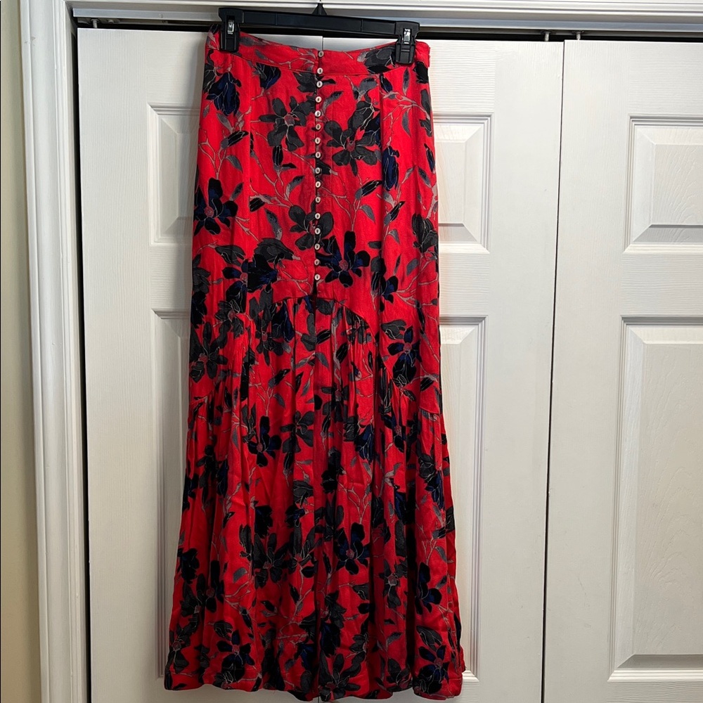 Free People Red Maxi Skirt with Black Floral Print